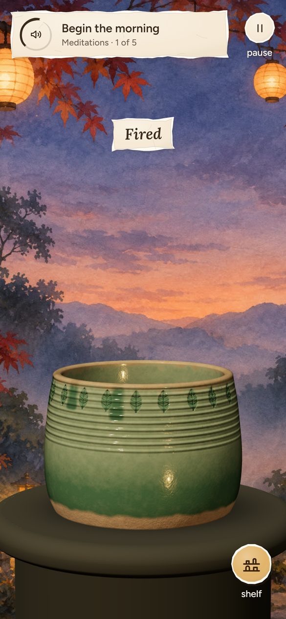 A finished celadon pot at sunset